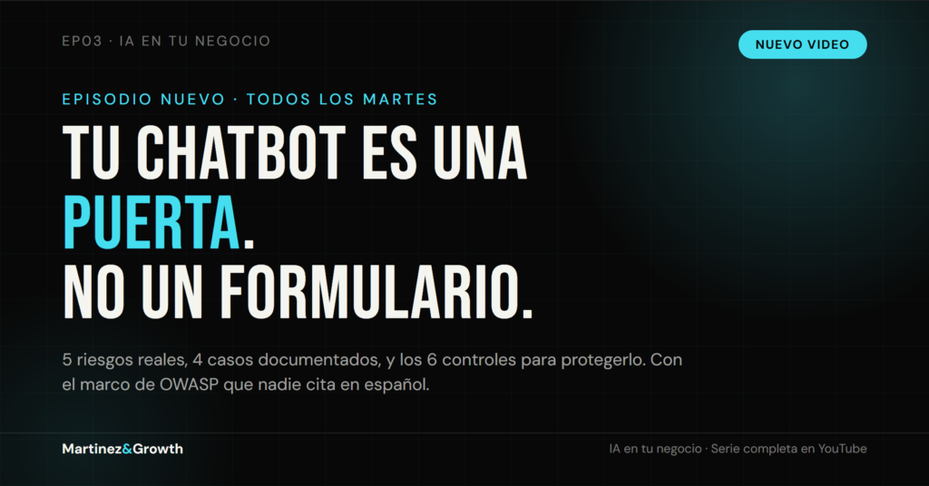 Placa del episodio 3 de la serie IA en tu negocio: "Tu chatbot es una puerta, no un formulario" — seguridad en chatbots empresariales