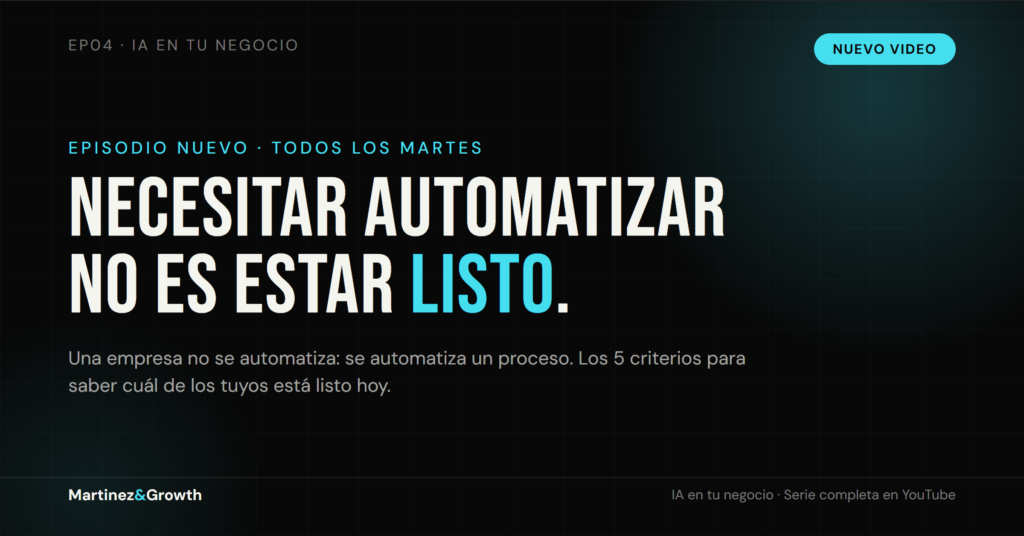 Placa del episodio 4 de la serie IA en tu negocio: "Necesitar automatizar no es estar listo" — los 5 criterios